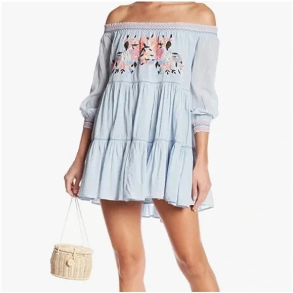 Free People Blue Floral Embroidered Dress