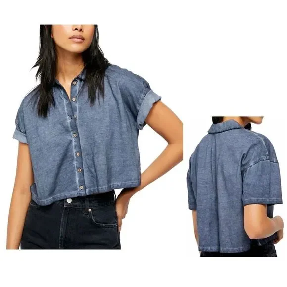 Free People Weekend Rush Short Sleeve Top Navy - Size XS