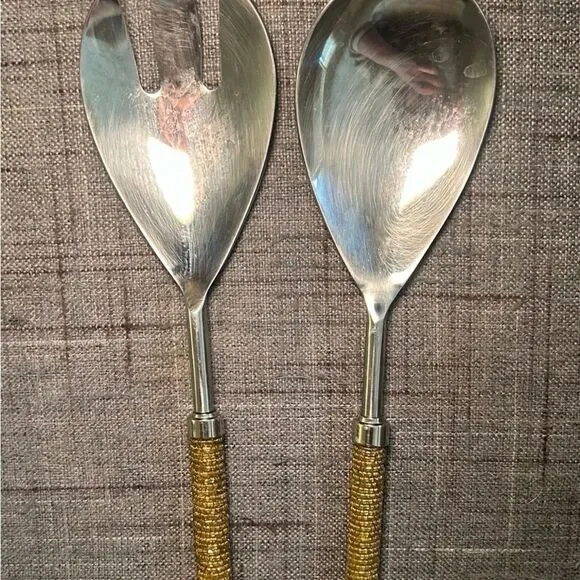 Pottery Barn Gold Beaded Holiday Christmas Serving Spoon And Fork Set