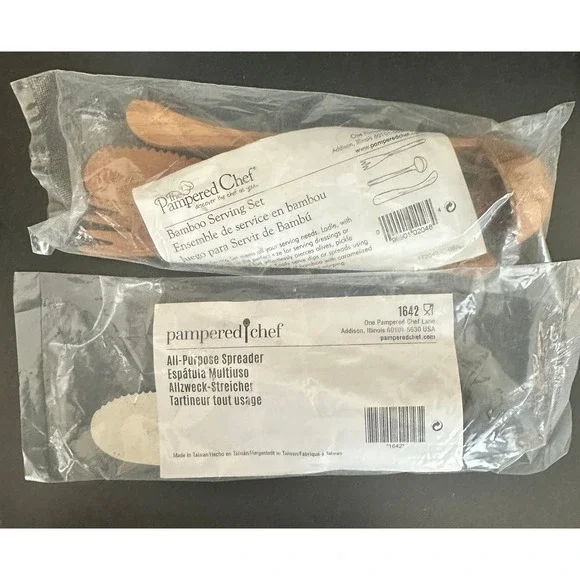 Pampered Chef Bamboo Serving Set Ladle Fork & All-Purpose Spreader NIP