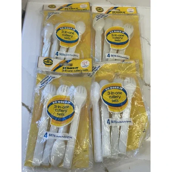 Vintage Plastic Cutlery Sets 3-in-One 4 Sets x 4 Packs‎ Travel New Old Stock