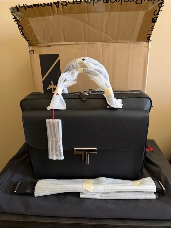 Tumi Turin Vincenzo Zip Top Black Leather Briefcase - Men's Work Bag