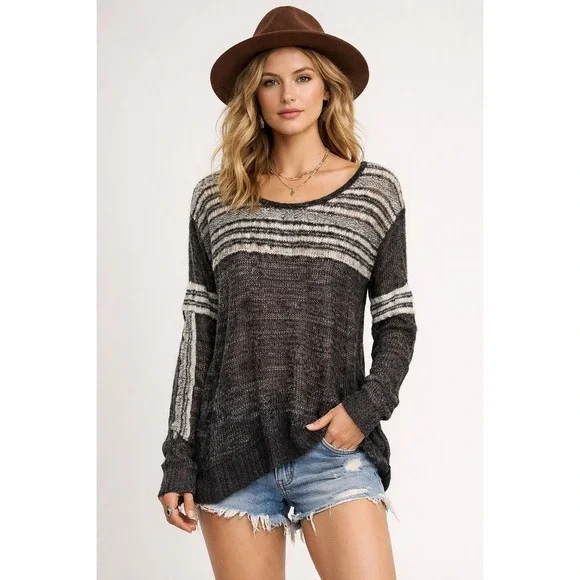 Free People Charcoal Grey Striped Open Knit Boho Sweater Medium