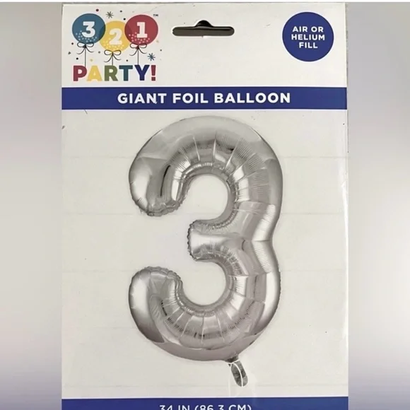 🍄NEW Giant Foil Balloon #3 Silver 34” Tall Air Or Helium Party Decoration