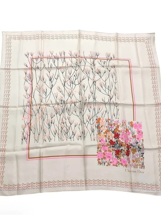 Dior Cream Floral Silk Scarf with Pink and Orange Accents