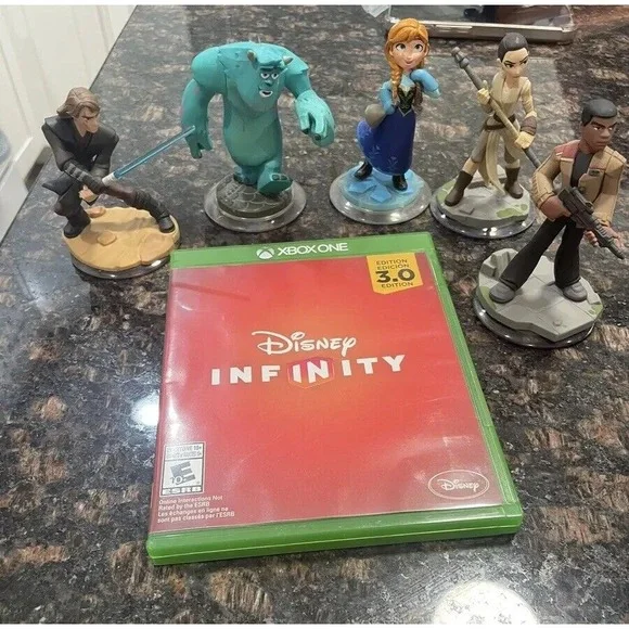 Disney Infinity Figures Lot With Xbox Game- Anna, Sully, Finn, Rey, Anakin