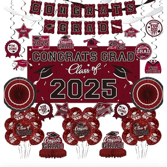 Graduation Party Decoration Set - Maroon and White