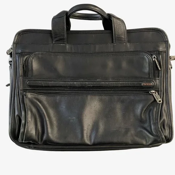 TUMI Black Leather Laptop Briefcase with Multiple Compartments
