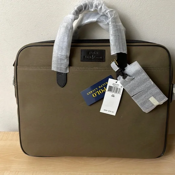 Polo Leather Trim Canvas Briefcase w/Leather ID Tag & Adj. Removeable Strap