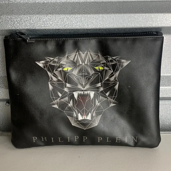 Philipp Plein Clutch Bag Men’s L Rare Vintage Jaguar Print Black Leather Logo‎