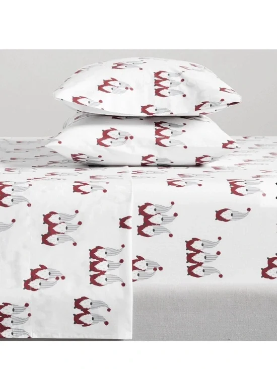 Pottery Barn Holiday Gnome 100% Organic Cotton 3-Piece Sheet Set Queen HTF GUC