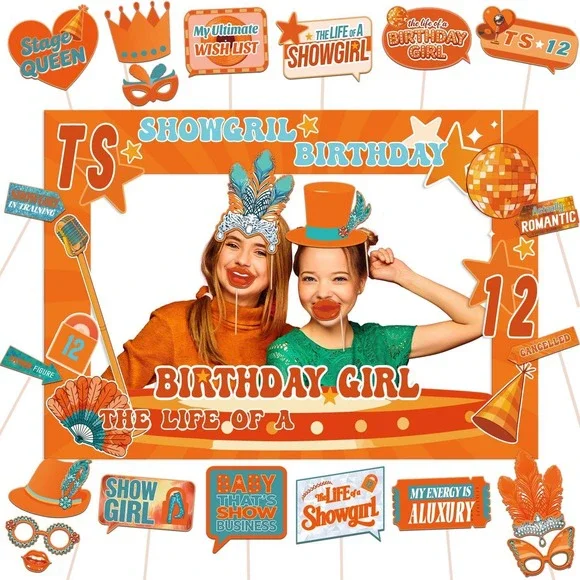 NWT 25pc Birthday Girl Showgirl Photo Booth Props Set Orange Music Party w Frame