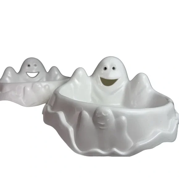 TWO- Vintage 90s Y2K Halloween Plastic‎ White Ghost Candy Dish Tray Bowl Spooky