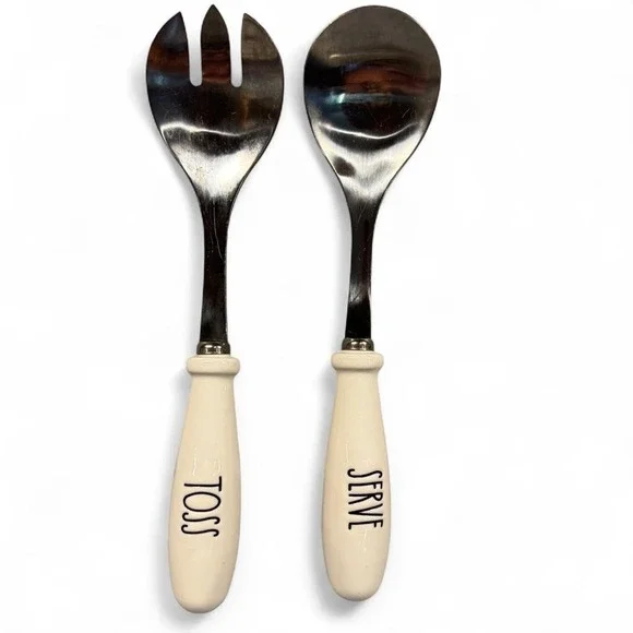 Rae Dunn Toss Serve Salad Serving Utensils White Ceramic Handle Farmhouse