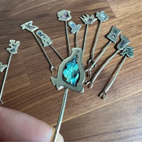 Vintage Set of 12 Abalone Mother of Pearl Inlay Mexican Silver Cocktail Picks