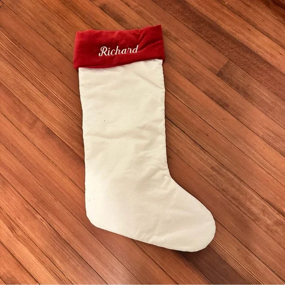 Pottery Barn Richard Ivory Red Velvet Large Stocking