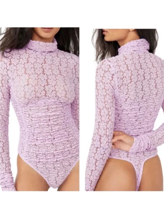 Free People Lilac Floral Lace Mock-Neck Bodysuit