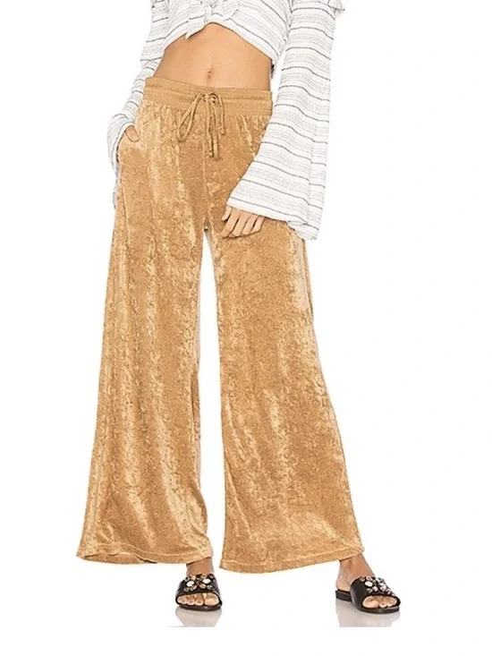 Free People Golden Brown Wide Leg Velvet‎ Pants Stretchy Waist
