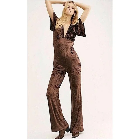 Free People Night Fever Jumpsuit Brown Crushed Velvet‎ Size Small