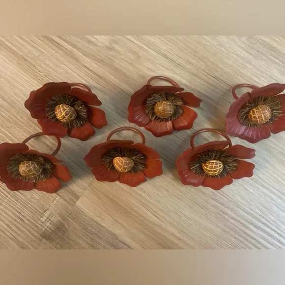 🌻🌻6 Elegant Deep Red Metal & Brown Wickered Floral Napkin Rings
