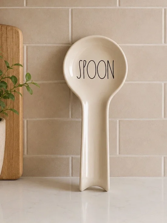 RAE DUNN Ceramic Spoon Rest in Cream with 'SPOON' Text