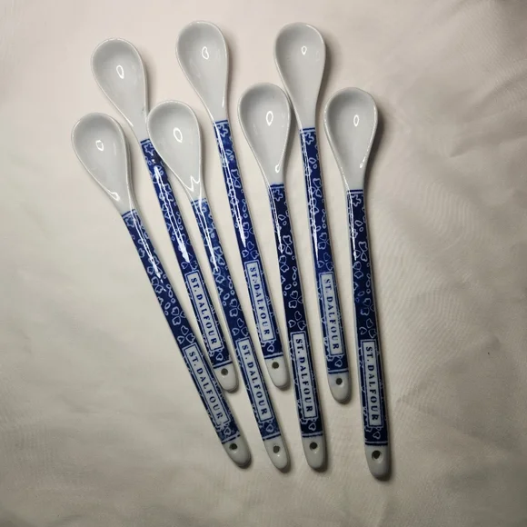 St. Dalfour French Blue and White Ceramic Condiment Spoons Set of 7