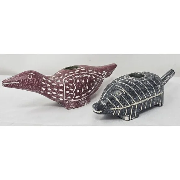 Vintage Pottery Barn Candle Holders Hand Carved Painted Wood Animals Birds Set