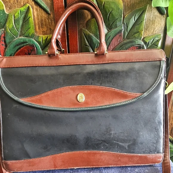 Vintage 1970s Brown Black Leather Briefcase Craftmanship Some Wear Gold Shield