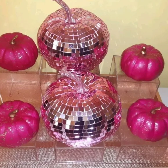 Fall Decoration Pink Disco Ball Pumpkins 6pc Bundle