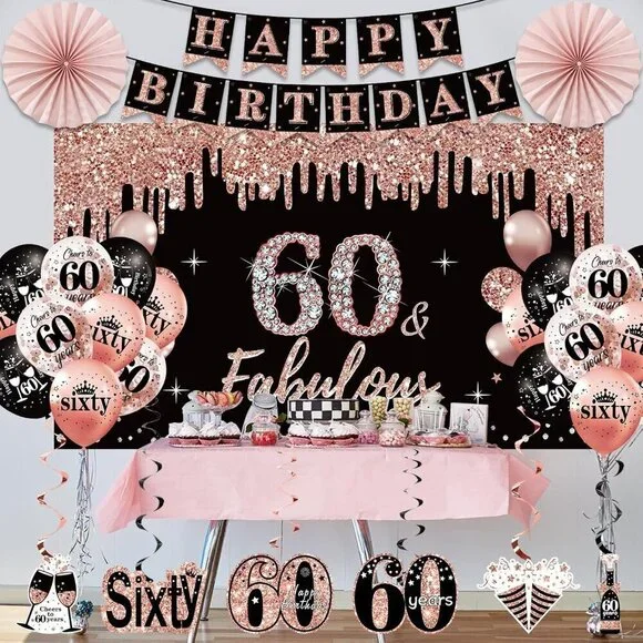 60th Birthday Party Decorations for Women Black/Rose Gold - BRAND NEW