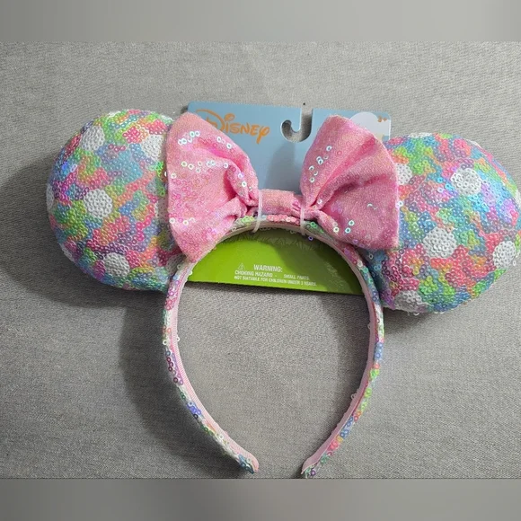 Disney Sequin Rainbow Minnie Ears Headband with Pink Bow