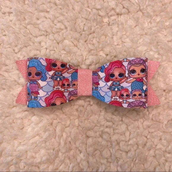 Doll Faux Leather Glitter Pink Bow Small