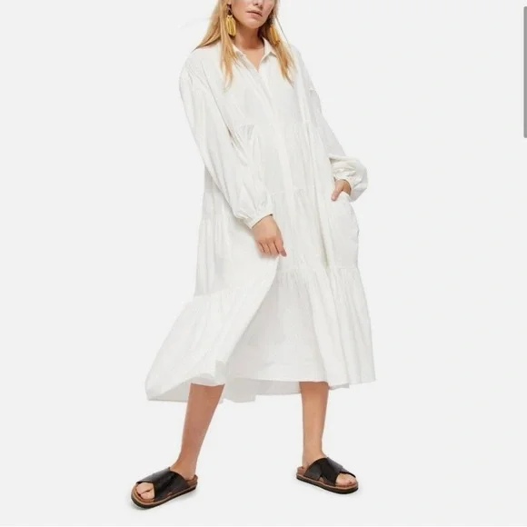 Free People Light Heart Oversized White Tiered Boho Maxi Dress Size S