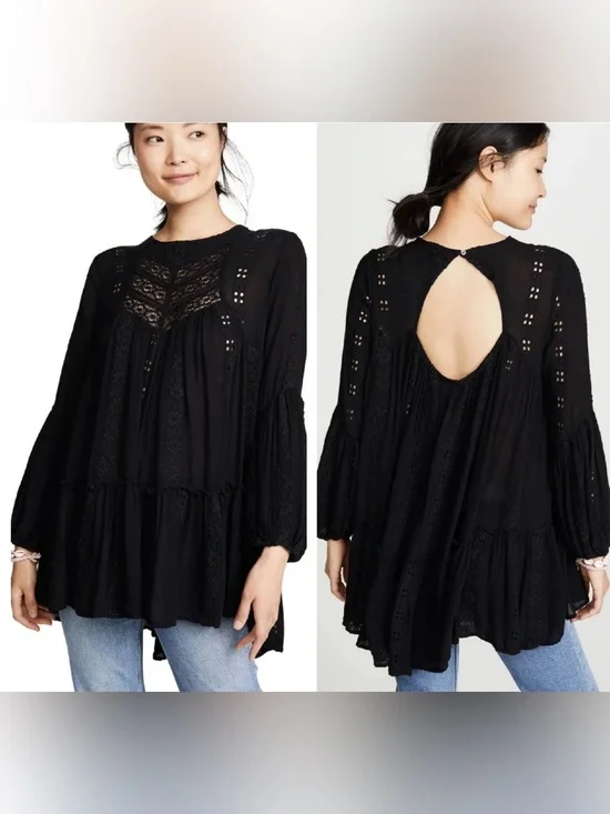 Free People Kiss Kiss Black Tunic Dress Small Eyelet Boho Whimsigoth