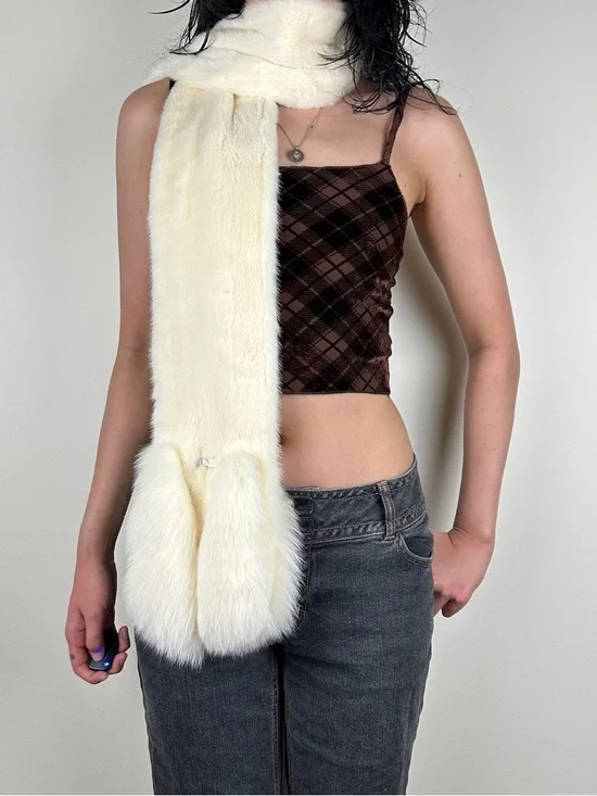 Christian Dior 80s Cream Fox/Mink Fur Scarf with Silver Logo