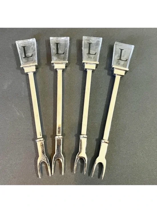 Vintage Cocktail Appetizer Forks Picks Acrylic Handle “L” Logo Stainless Set 4x