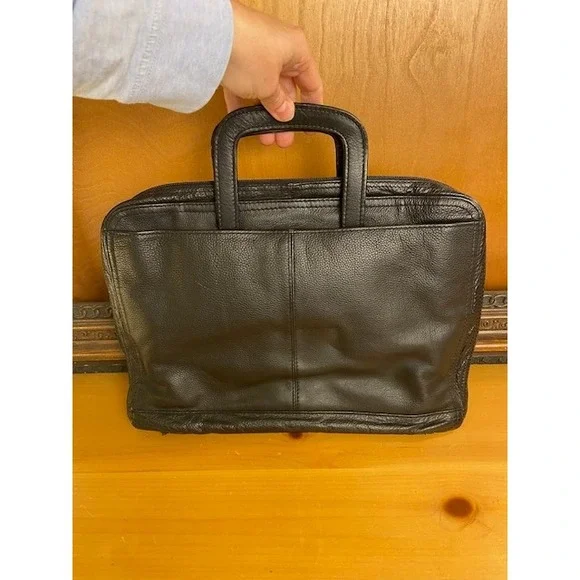 Leather Briefcase Mens Black Retractable Handle Portfolio Carry All Business Bag