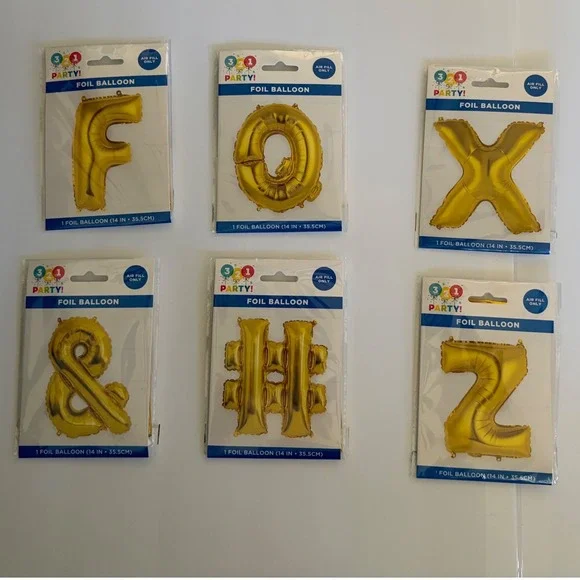 321 Party Gold Foil Balloons 14 Inch O‎ X Z F Hashtag Ampersand Set of 6 NIP
