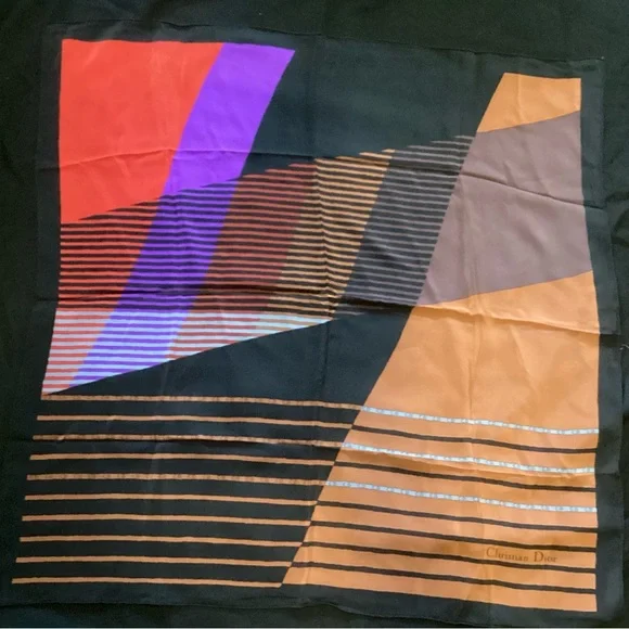 Dior Black Scarf with Orange, Purple & Red Geometric Print