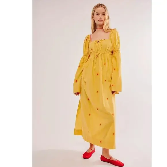 NWT Free People Emory Embroidered Midi Dress $168 SMALL Yellow