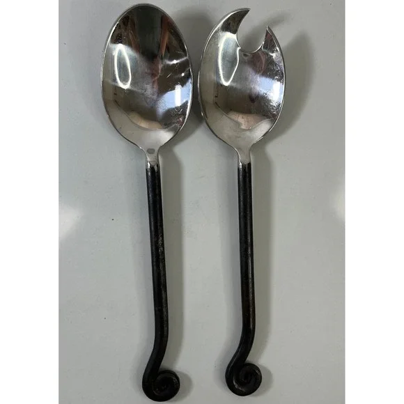 Vtg Pottery Barn Serving Silver Blackened Fiddlehead Stainless Scroll Utensils