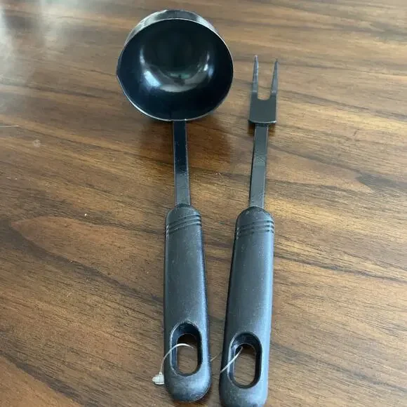 Black Metal with Plastic Handle Ladle And Serving Fork Set Kitchen Chef Adulting
