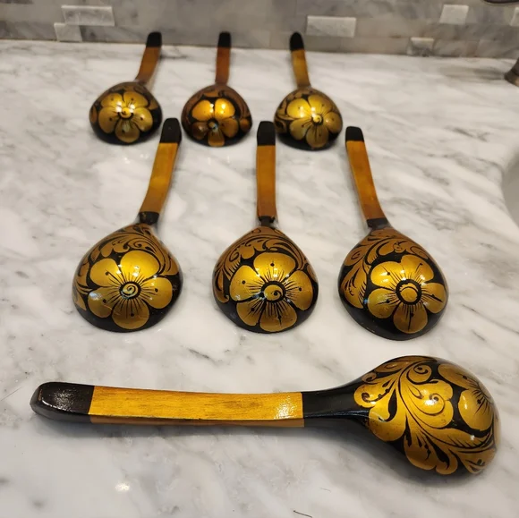Russian Khokhloma Hand Painted Wooden Spoons Gold Floral Art Set of 7