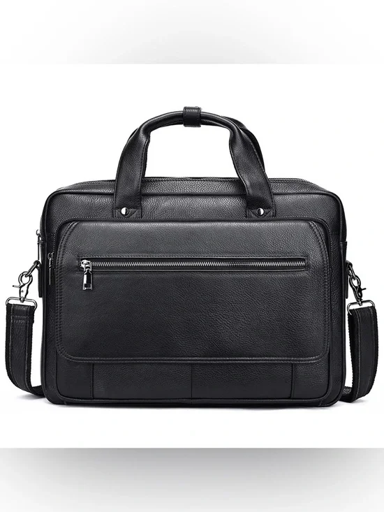Men's Black Full Grain Leather Briefcase with Front Zip Pocket