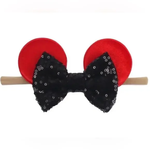 Baby Minnie Mouse Ears Headband with Black Sequins Bow