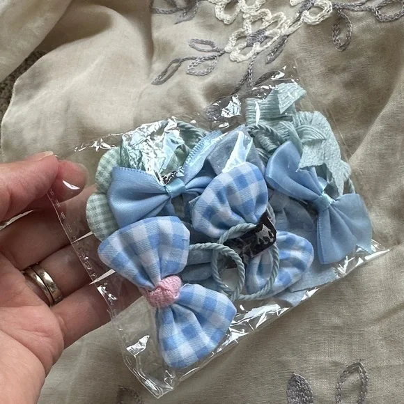 Blue and Pink and Green Checkered Hair Bows for Kids -set of 10