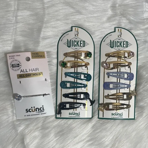 NWT Wicked Scunci Green Gold Hair Clips Barrettes