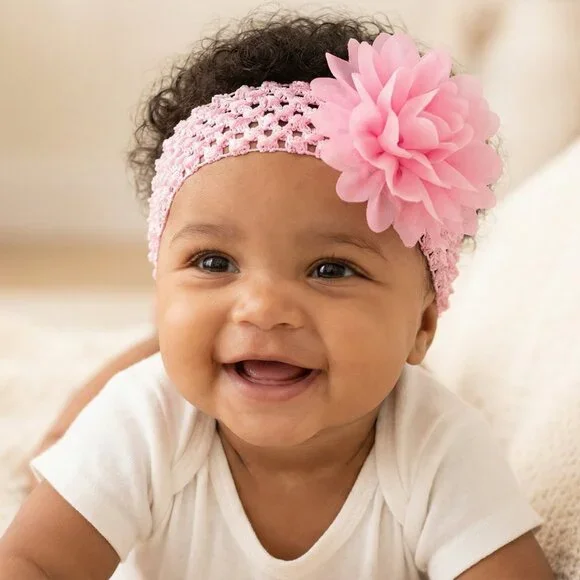 Baby Girl Pink Crochet Flower Headband | Soft Stretch Elastic | Newborn–Toddler