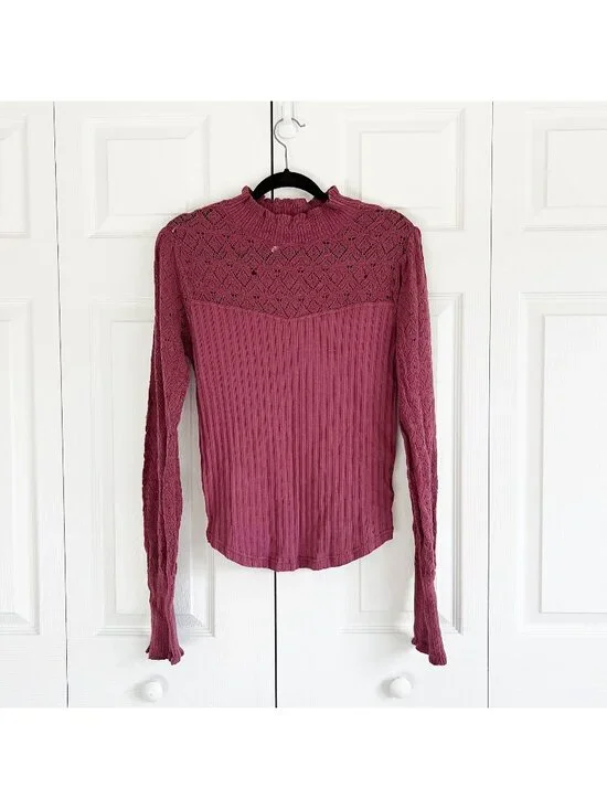 Free People Purple Mock Neck Pointelle Ribbed Top Women's Size Large L