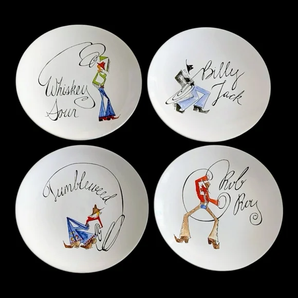Set 4 Pottery Barn Tie One On Cocktail Appetizer Plates Rodeo Whimsical Cowboy